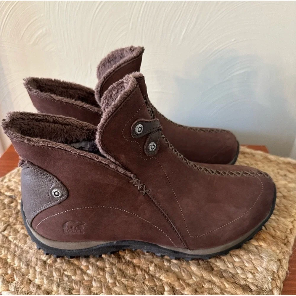 SOREL Nicolet Thinsulate Waterproof Boots Suede Shearling Brown ‎ Womens Size 7